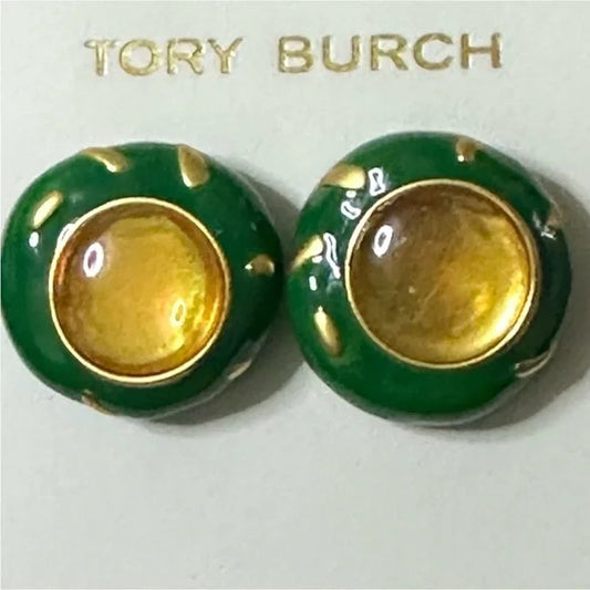 Tory Burch Green and Gold Roxanne Stud Earrings