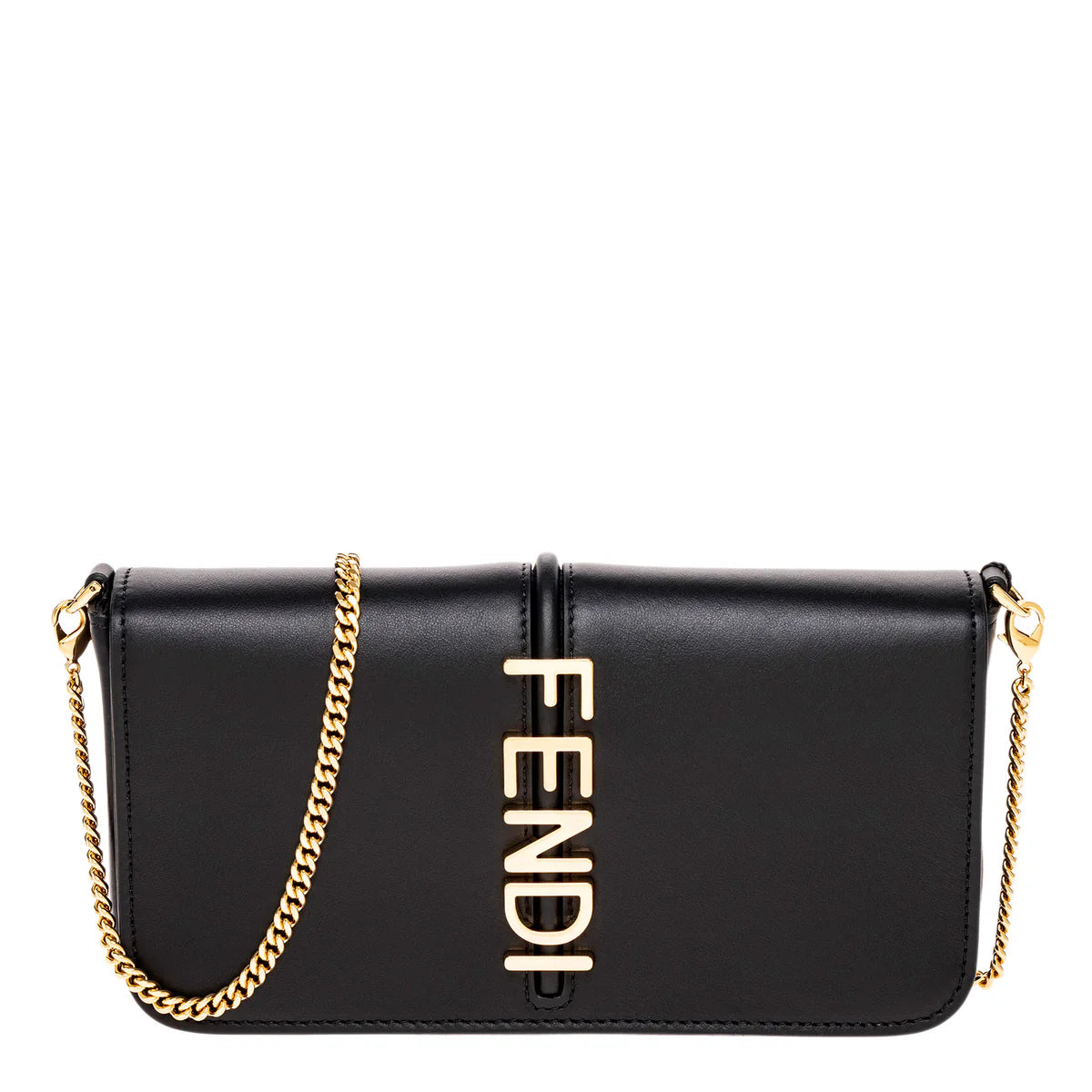 FENDI Black Leather Fendigraphy Wallet On Chain