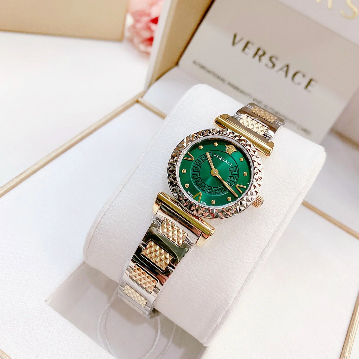 Versace Women’s Quartz Swiss Made Two-tone | Stainless Steel | Green Dial 27mm | Watch VEAA01320