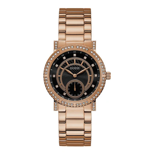 Guess Constellation Rose Gold Stainless Steel Black Dial Quartz Watch for Ladies - W1006L2