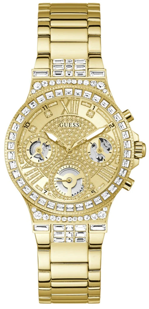 Guess Moonlight Multi Function Diamonds Gold Dial Gold Steel Strap Watch For Women - GW0320L2