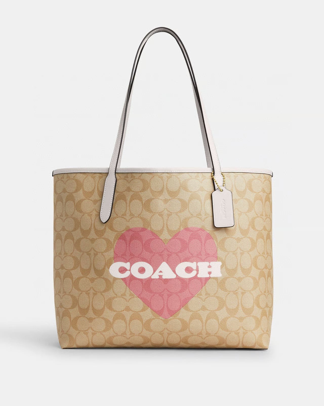NWT COACH City Tote In Signature Canvas With Heart Print Pink Tan Khaki CP052