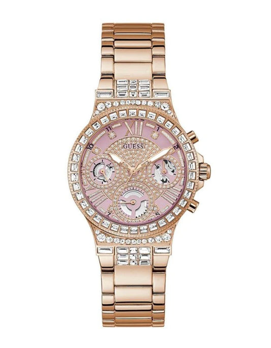 Guess Glitz Multi Function Diamonds Pink Dial Rose Gold Steel Strap Watch For Women - GW0320L6