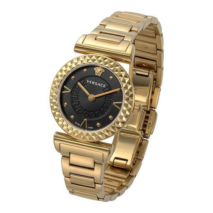 Versace Mini Vanity VEAA00518 Womens Quartz Watch | with Stainless steel case, with diameter 28 mm, Black dial and Gold Stainless steel band.