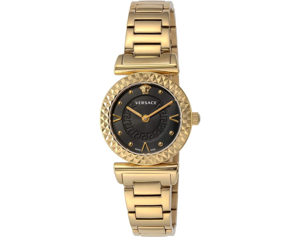 Versace Mini Vanity VEAA00518 Womens Quartz Watch | with Stainless steel case, with diameter 28 mm, Black dial and Gold Stainless steel band.