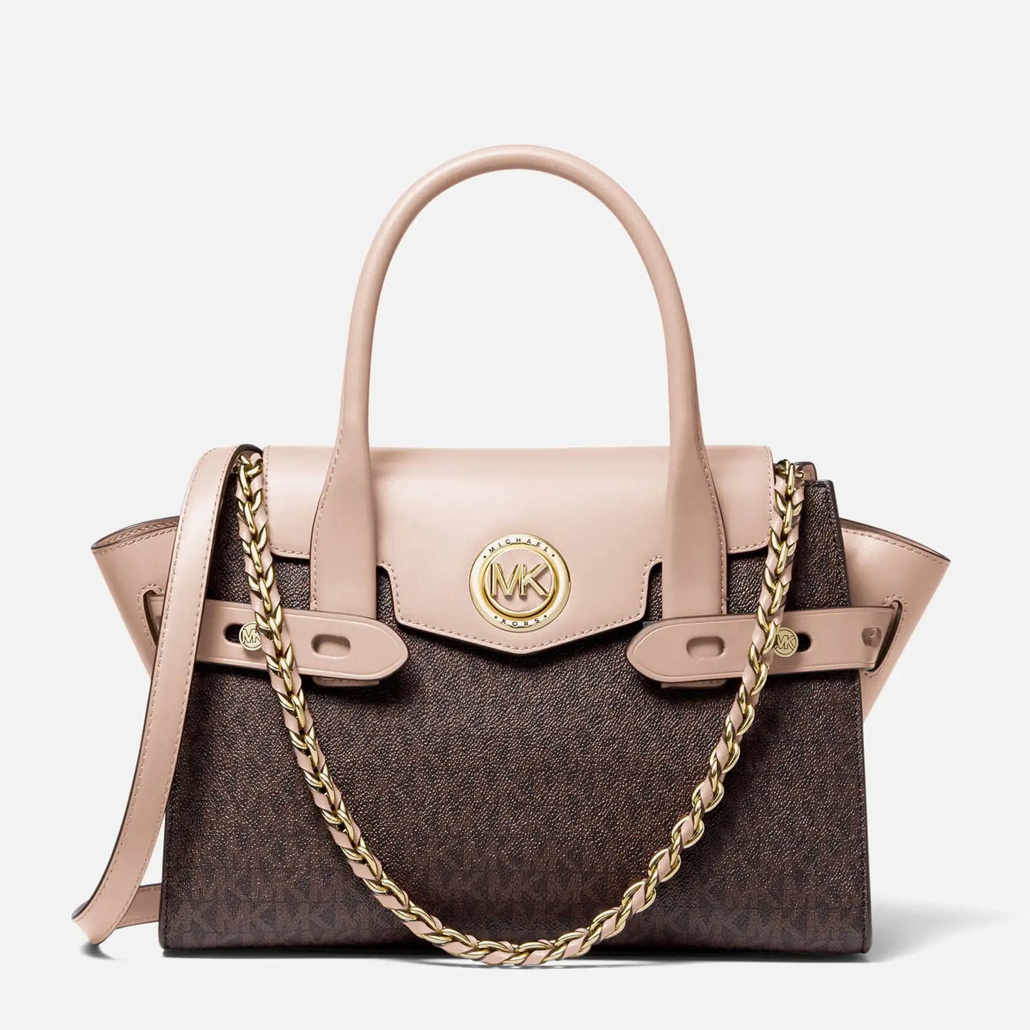 Michael Kors Carmen Small Flap Belted Satchel (Brown/Soft Pink)