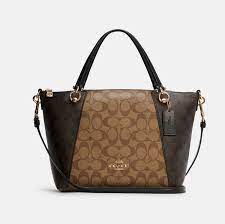 Coach Kacey Satchel in Blocked Signature Canvas in Khaki Brown Multi